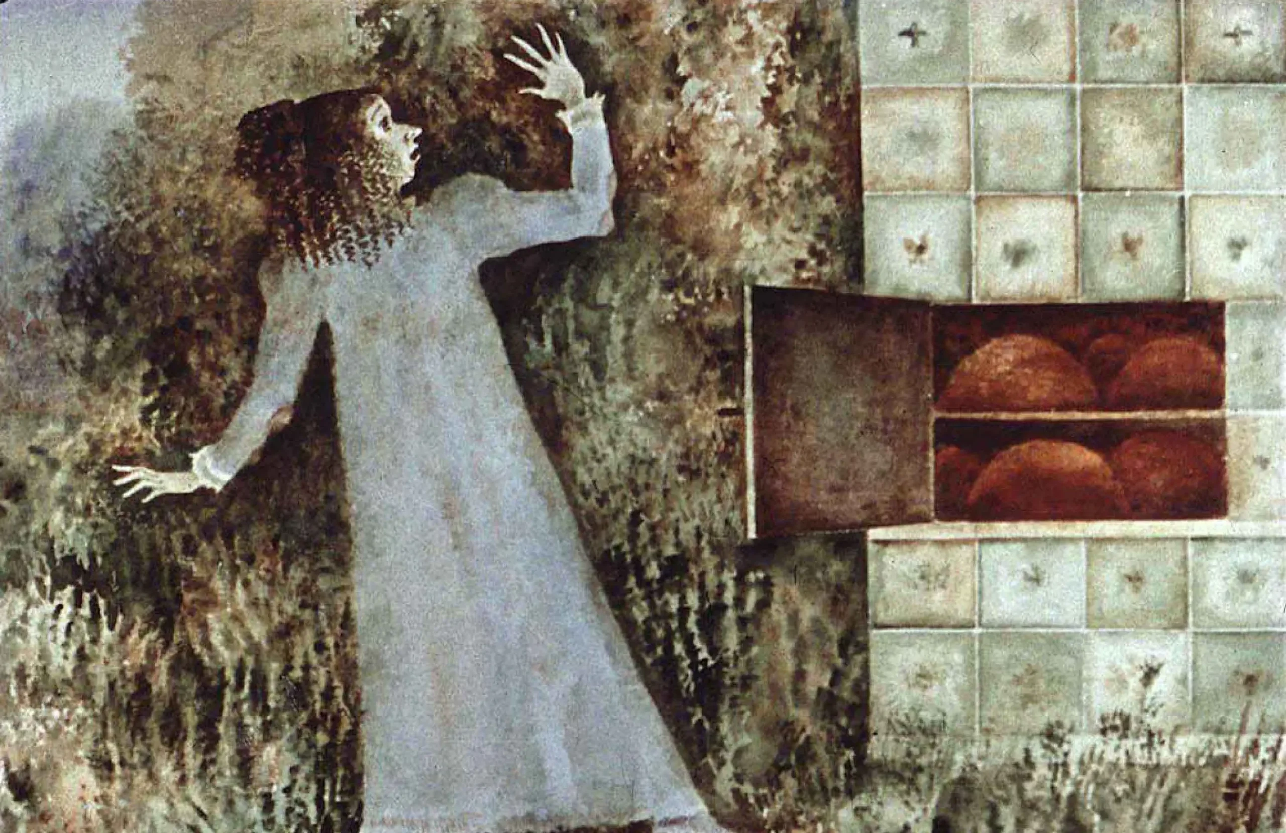 Imagine reprezentand o femeie care interactioneaza cu un cuptor intr-un peisaj artistic.