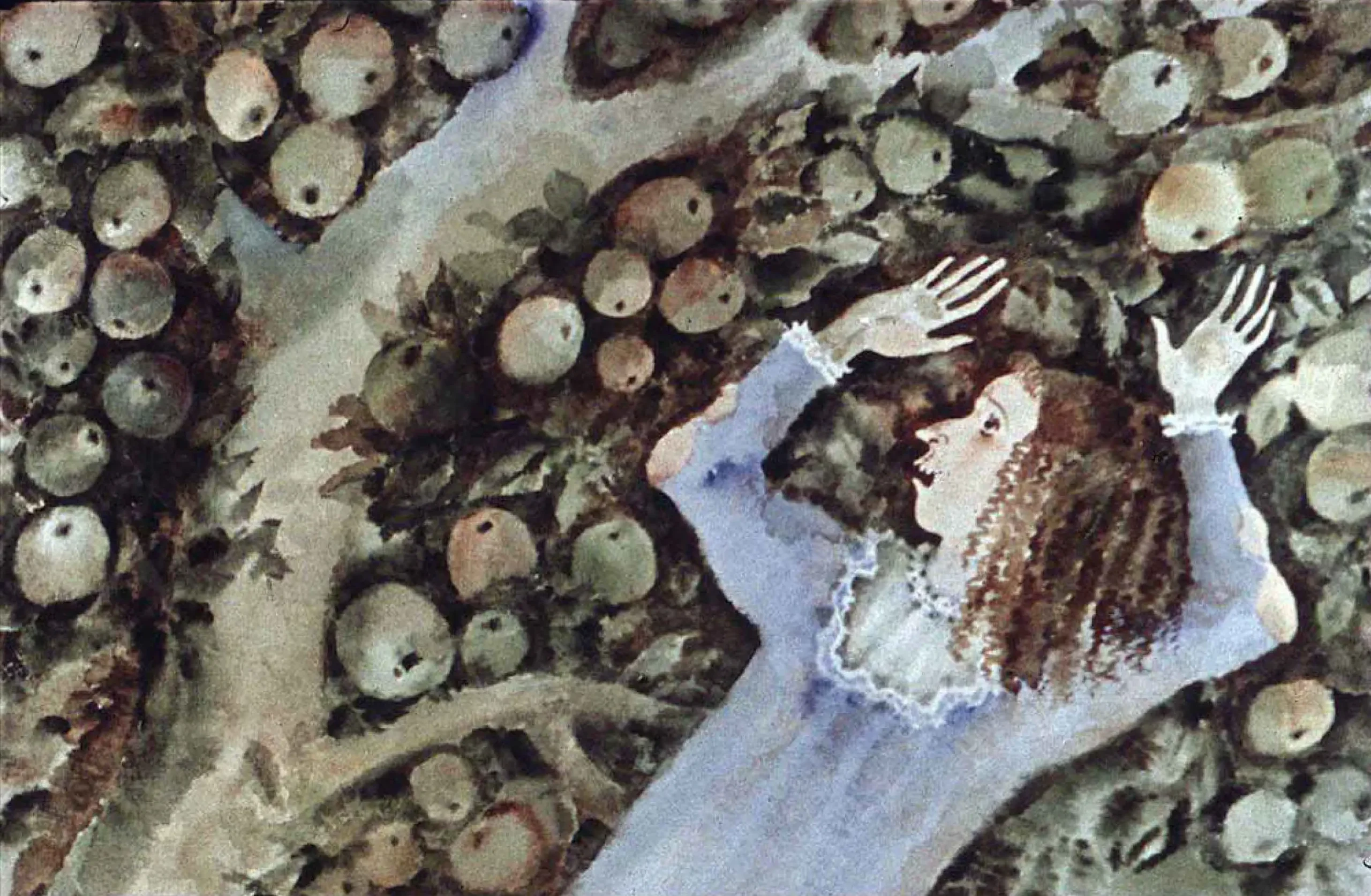 Ilustrație cu o femeie care se află sub un măr plin de fructe, iar ea își ridică mâinile în fața pomului.