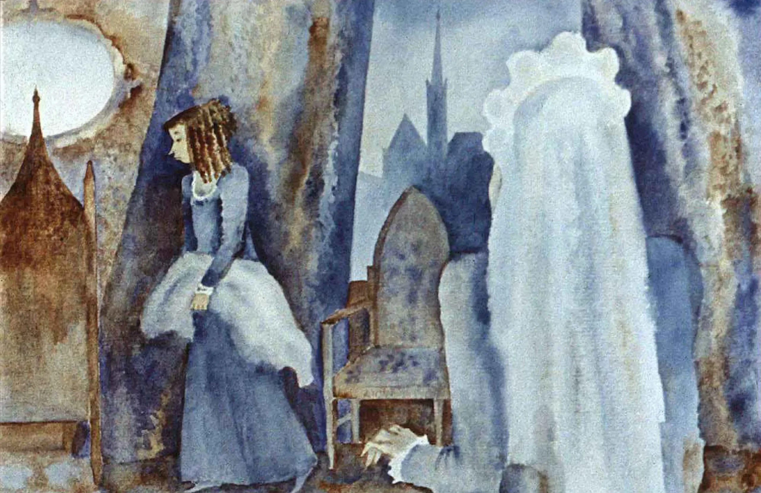 Ilustrație cu o femeie în albastru stând lângă un scaun și o siluetă de mireasă, cu un peisaj abstract în fundal.