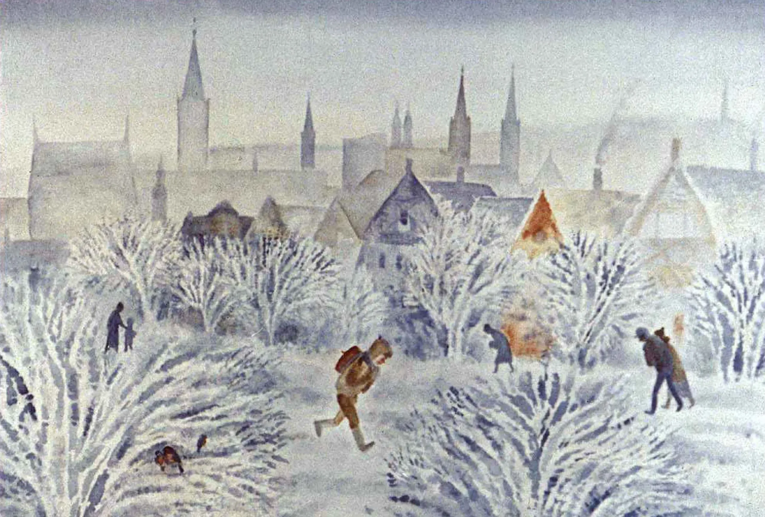 Pictură de iarnă cu peisaj acoperit de zăpadă, oameni și clădiri în fundal.