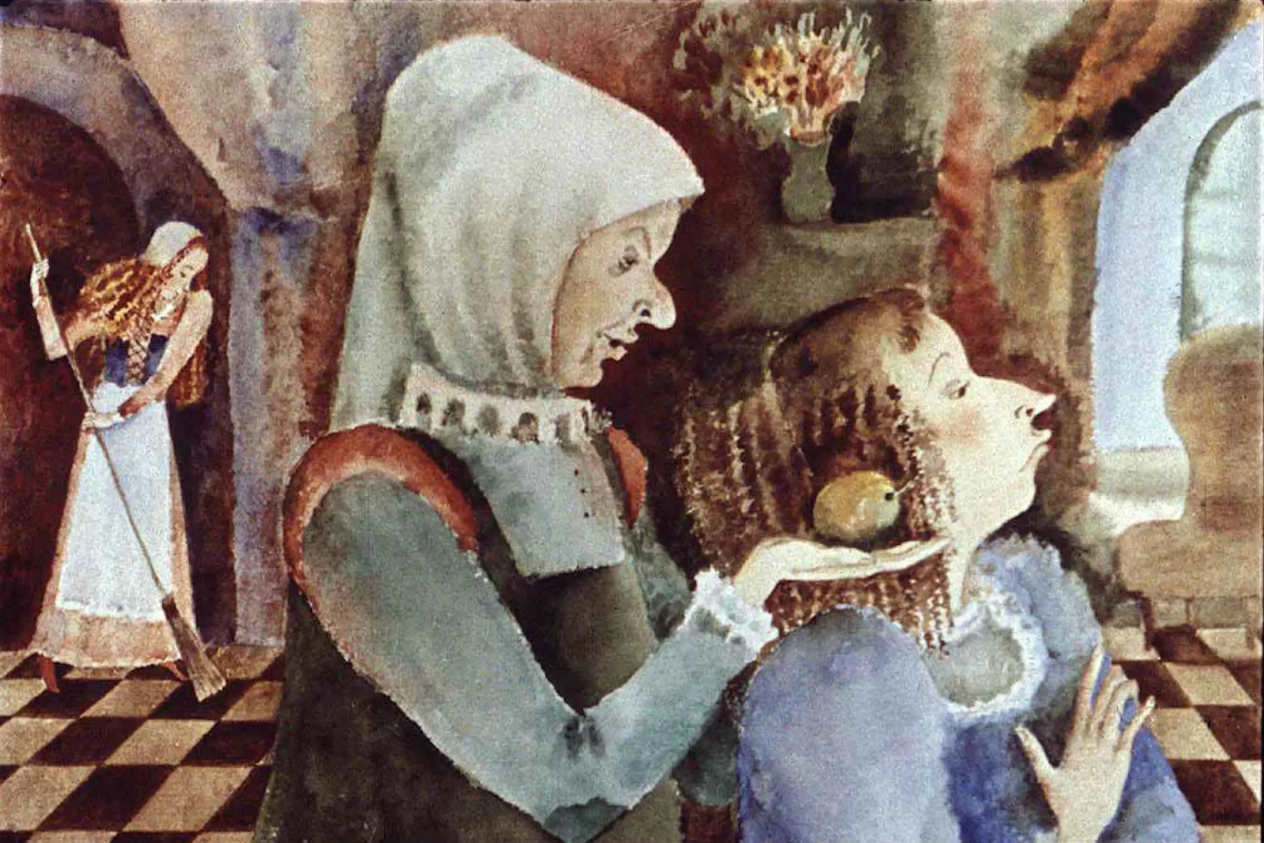 O scenă ilustrație cu personaje, în care o femeie îngrijeste o fată, iar alte personaje sunt prezente în fundal.