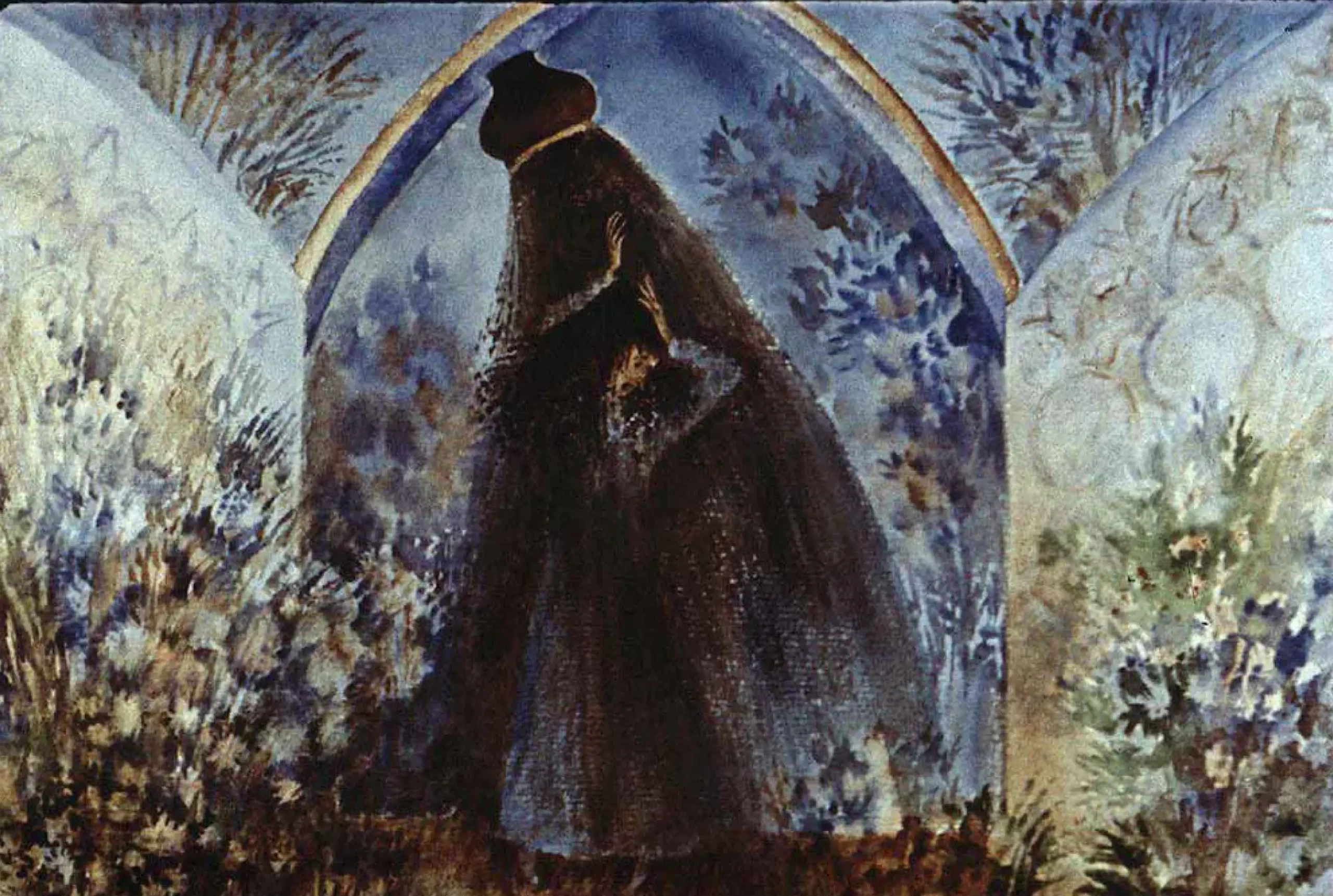 Imagine artistică cu o fată intrând pe o poartă, înconjurată de un peisaj abstract.