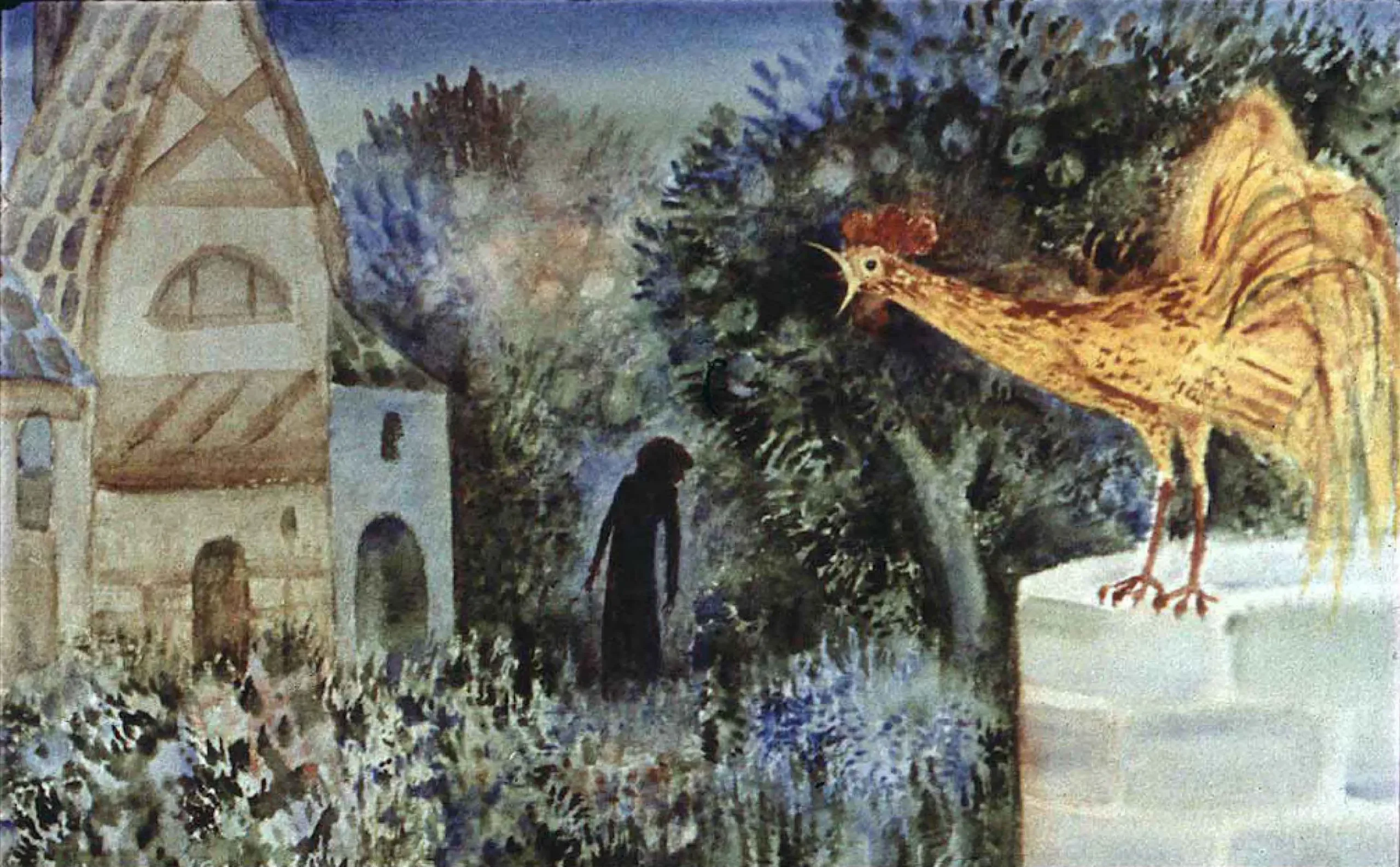 Ilustrație cu o fată întorcându-se acasă într-un peisaj întunecat și rece, un cocoș cântând în curte.