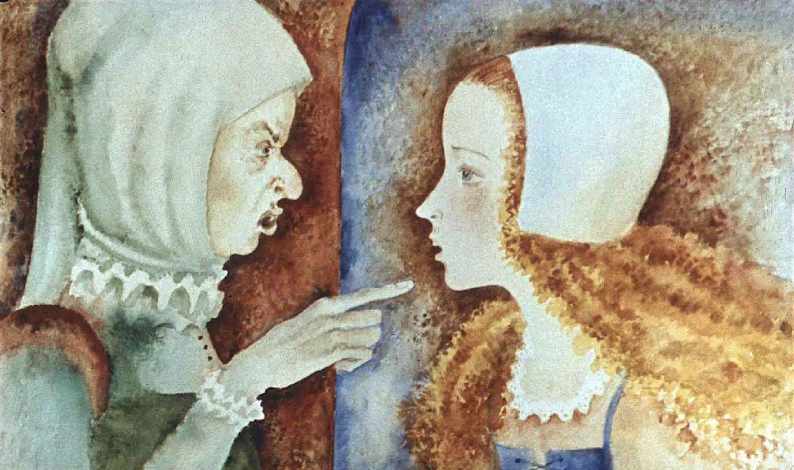 Ilustratie cu o femeie care striga la o tanara, descriind o poveste in care tanara a pierdut un fus in fantana.