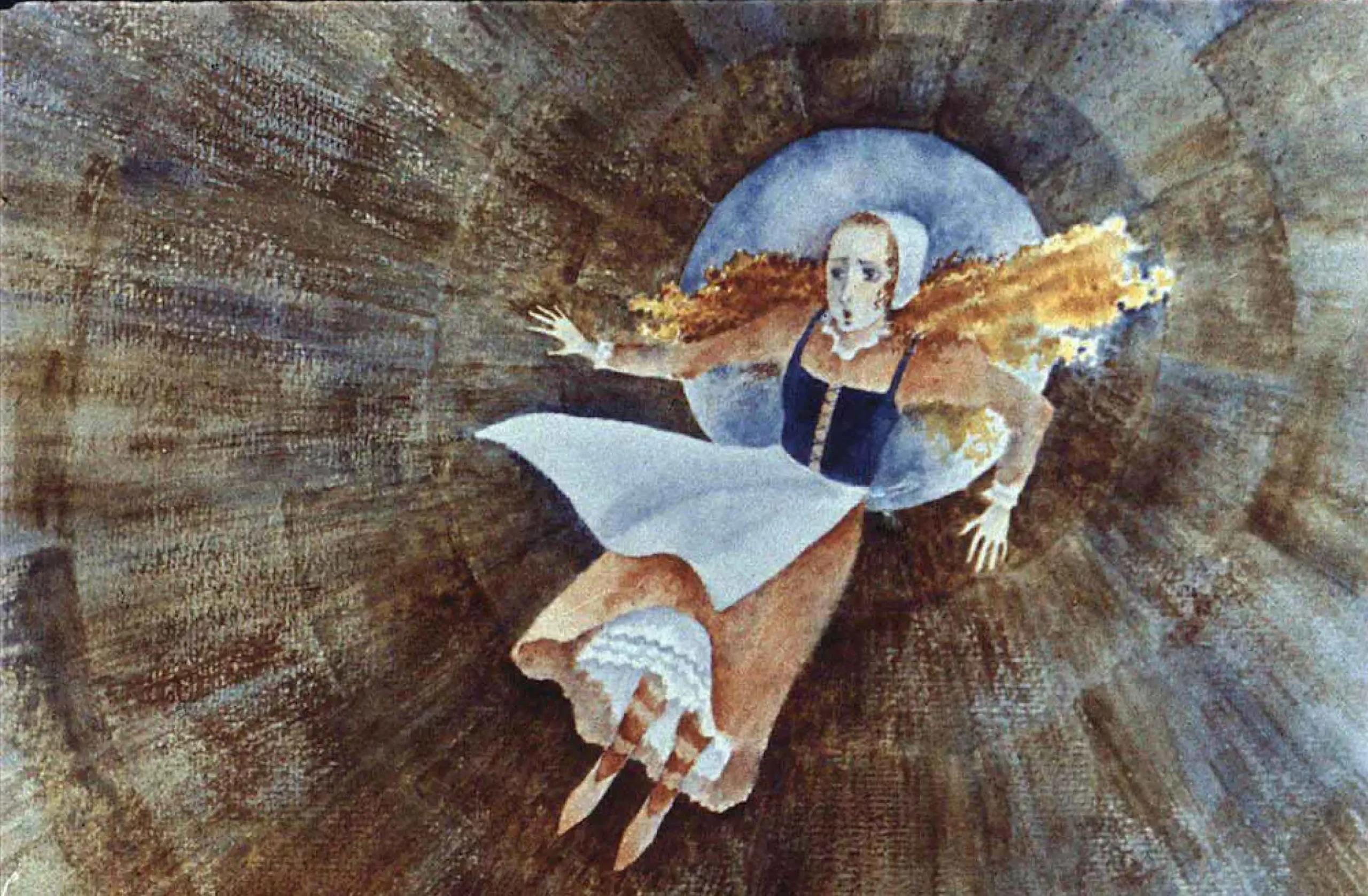 Imagini artistice cu o fată care plutește în aer, într-un peisaj de fantezie, având un text descriptiv despre o poveste.