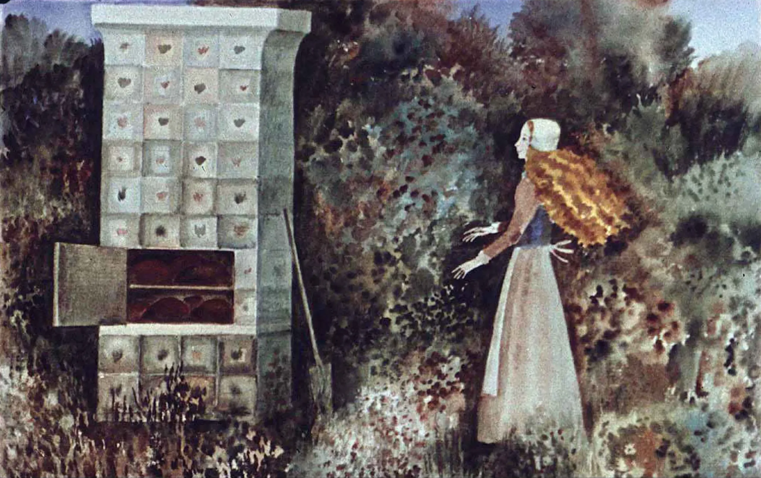 O tânără caută un fus într-un peisaj necunoscut, întâlnind un cuptor mare plin cu pâini.