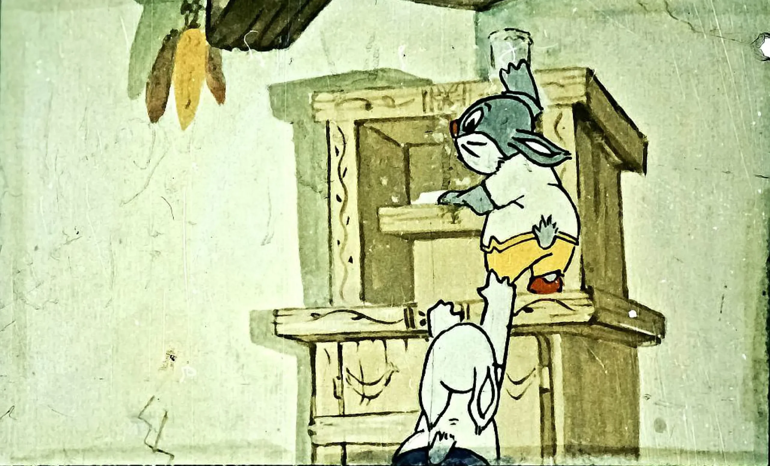 Ilustrație animată cu două personaje de iepuri, unul aflat pe o scară, exprimându-se.