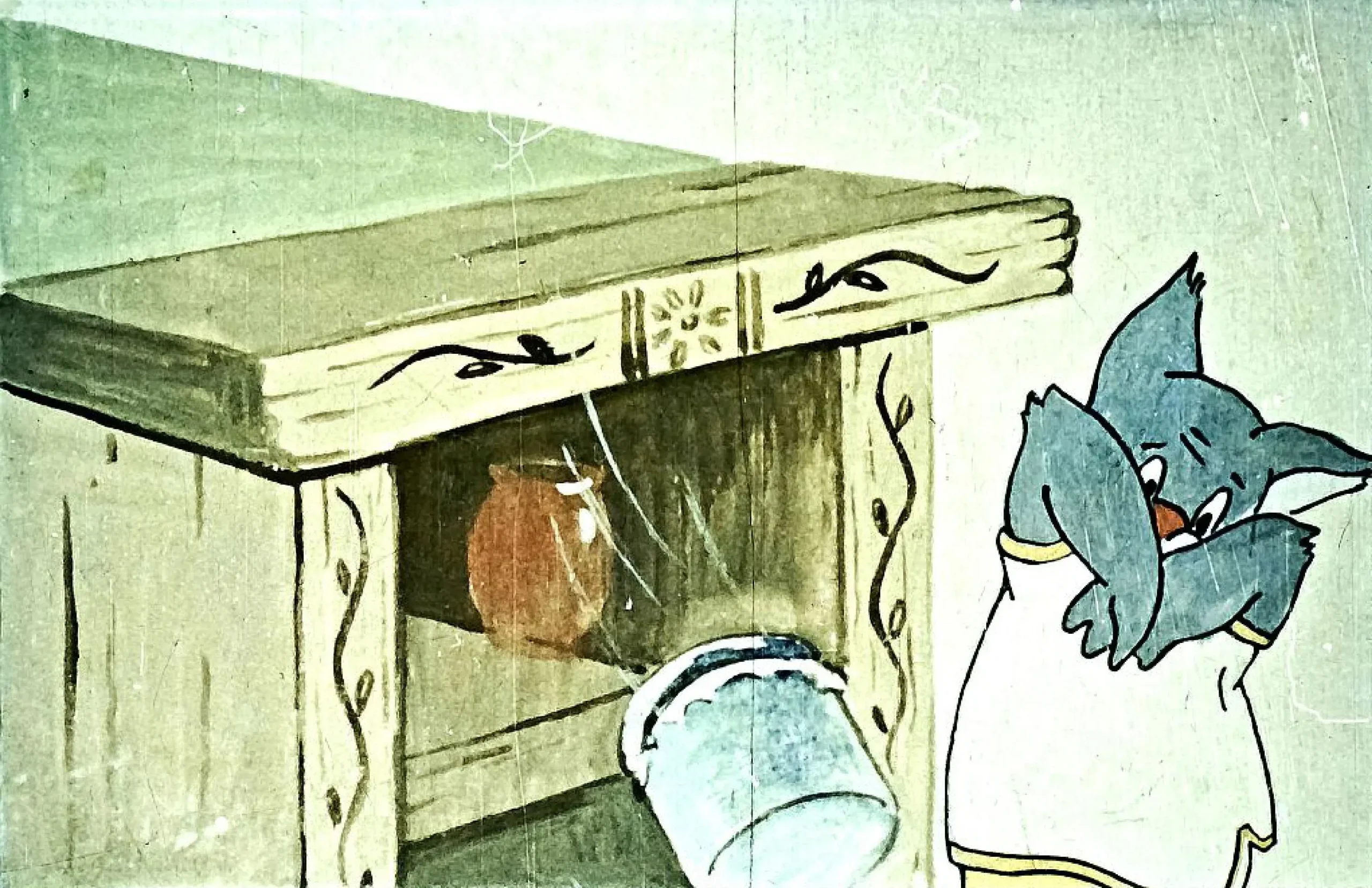 O scenă animată cu un personaj care interacționează cu un borcan în timp ce este vizibil un mobilier de lemn.