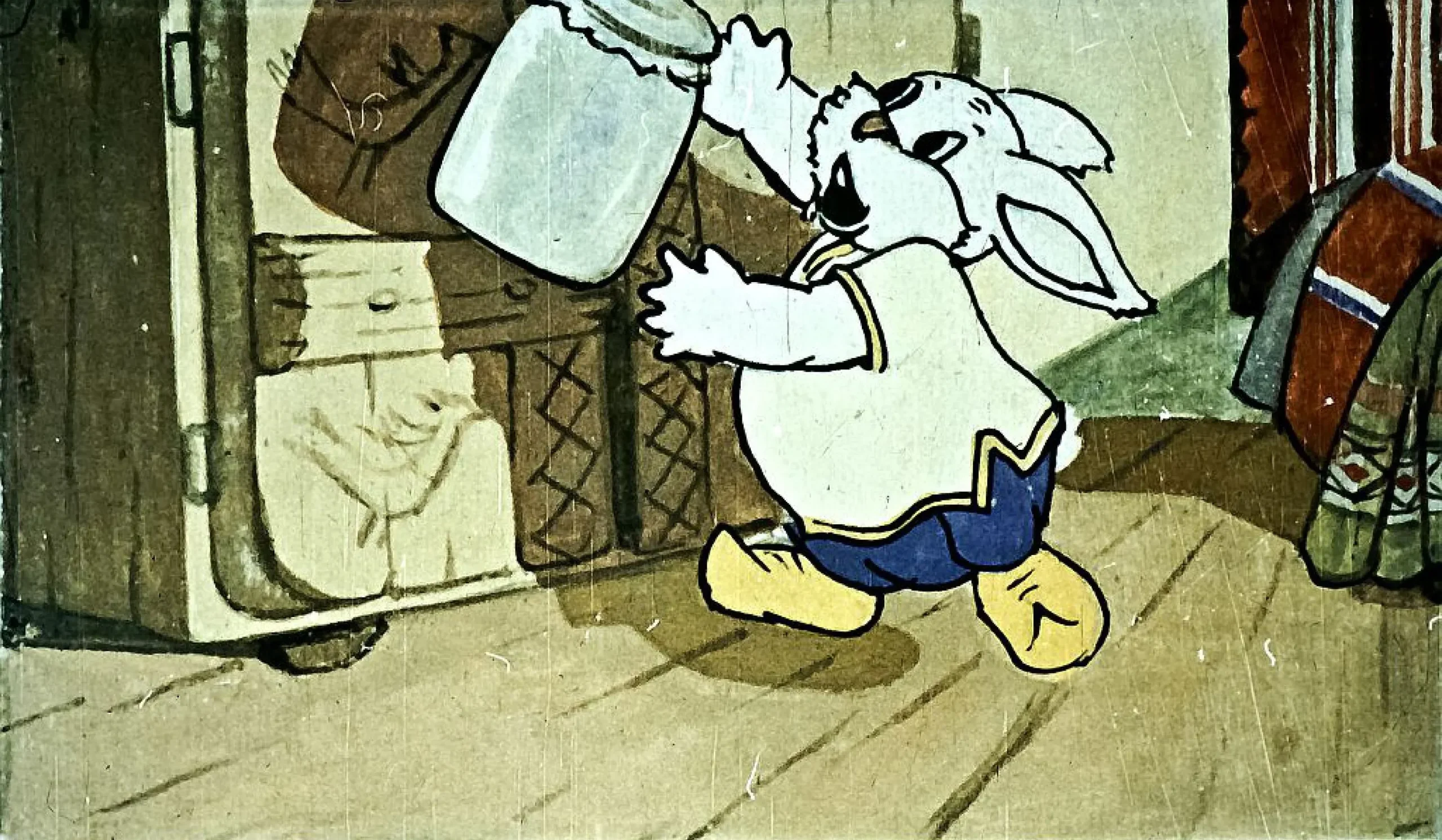 Un personaj animat drăguț care rostogolește un borcan în cameră.