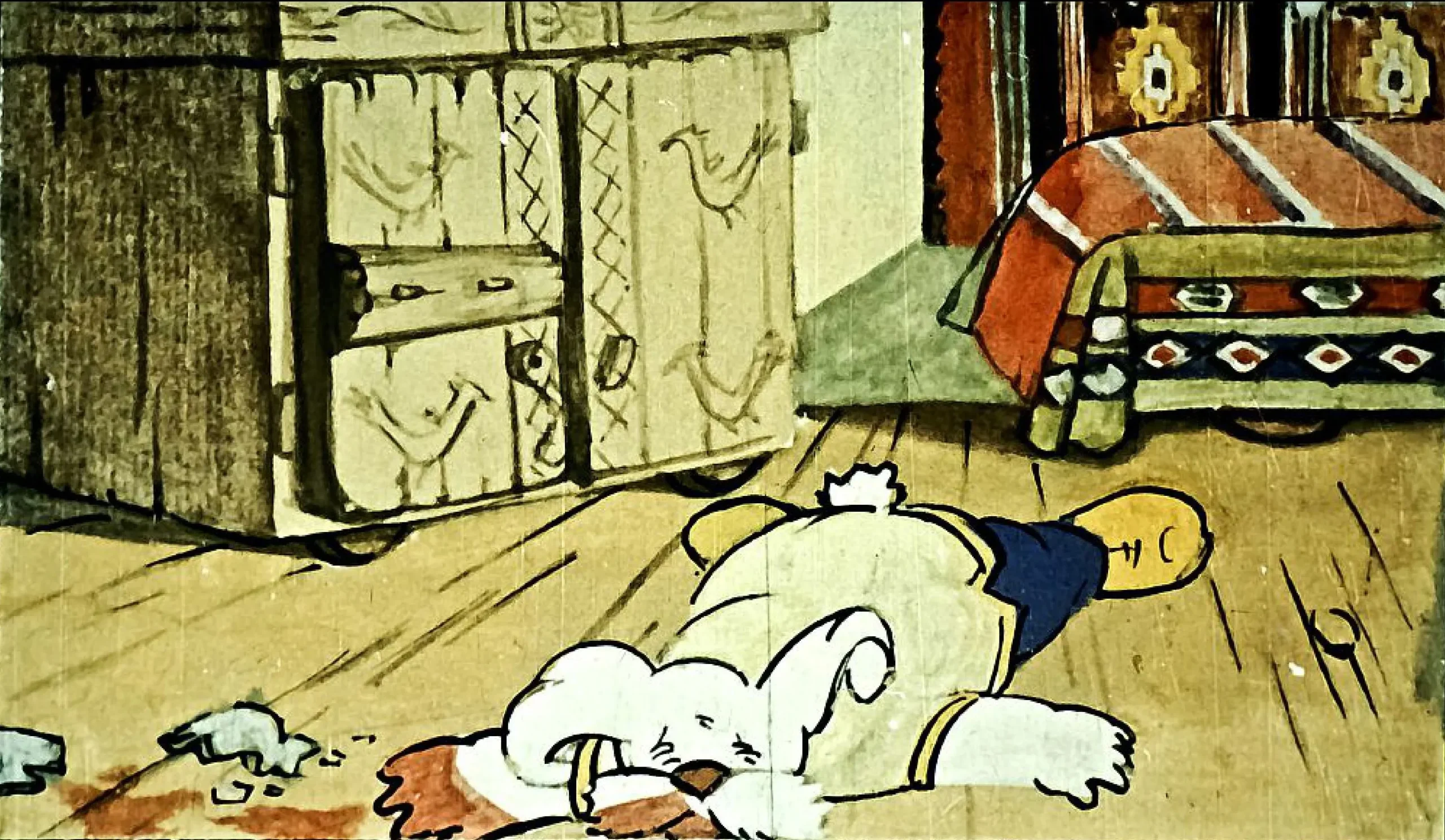 Imagine dintr-o animație cu un personaj numit Pufalb întins pe podea, lângă un borcan spart, având boticul plin de dulceată.