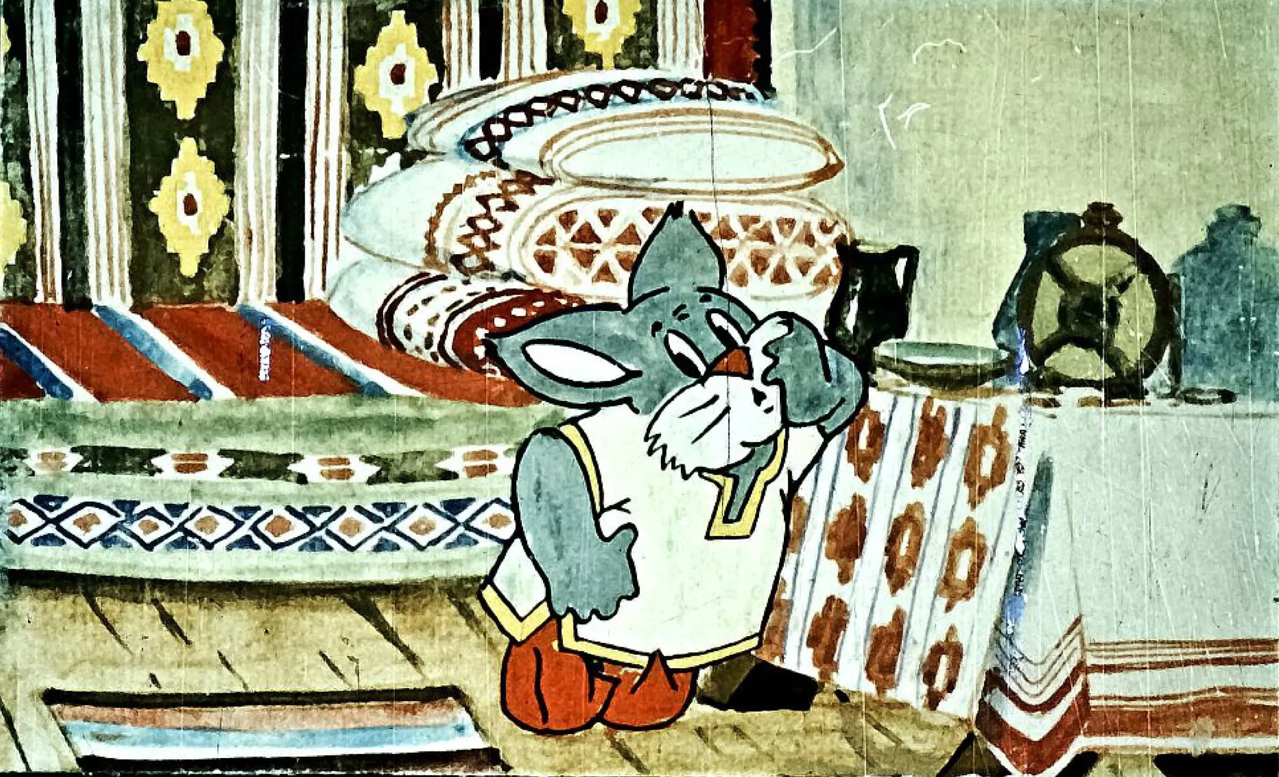 O ilustrație cu un personaj animat care stă într-o cameră tradițională, cu un decor colorat.