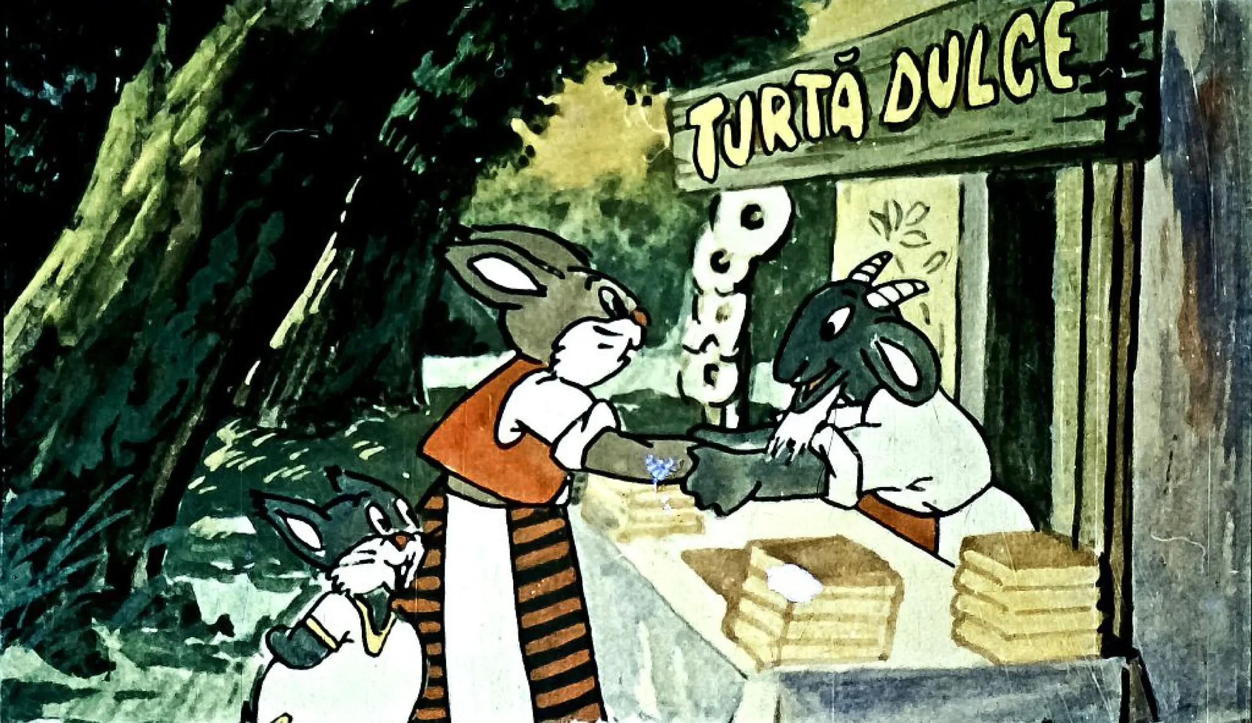 Ilustrație animată cu iepurii la un stand de turtă dulce.