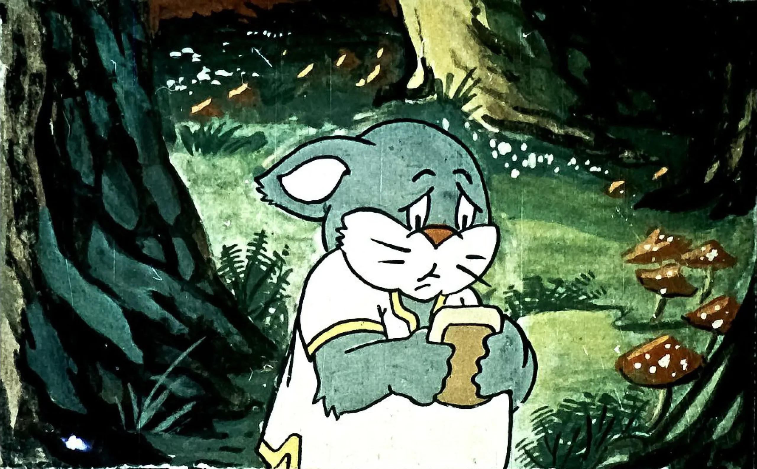 Ilustrație cu un personaj desenat care pare supărat, ținând un obiect în față, înconjurat de un peisaj de pădure.