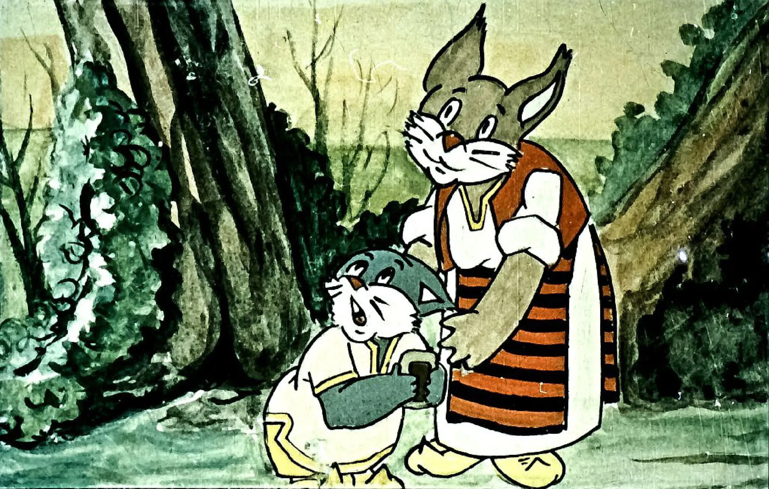 Imagine dintr-o poveste animată cu un iepure și un personaj de animale care interacționează într-un peisaj natural.