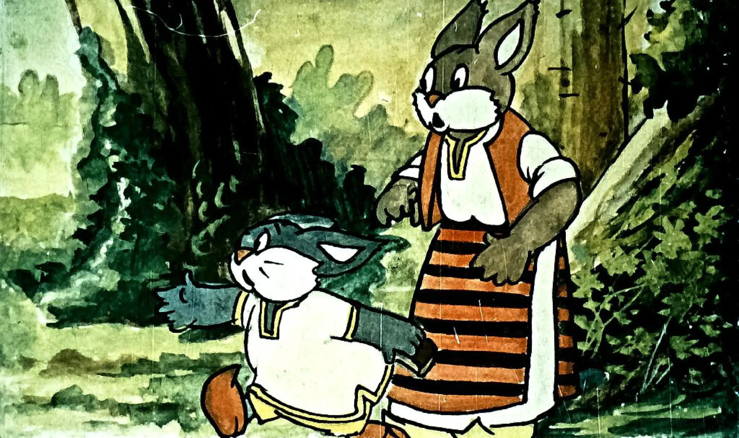 Ilustratie colorata cu personaje de desene animate, reprezentand o scena dintr-o poveste.