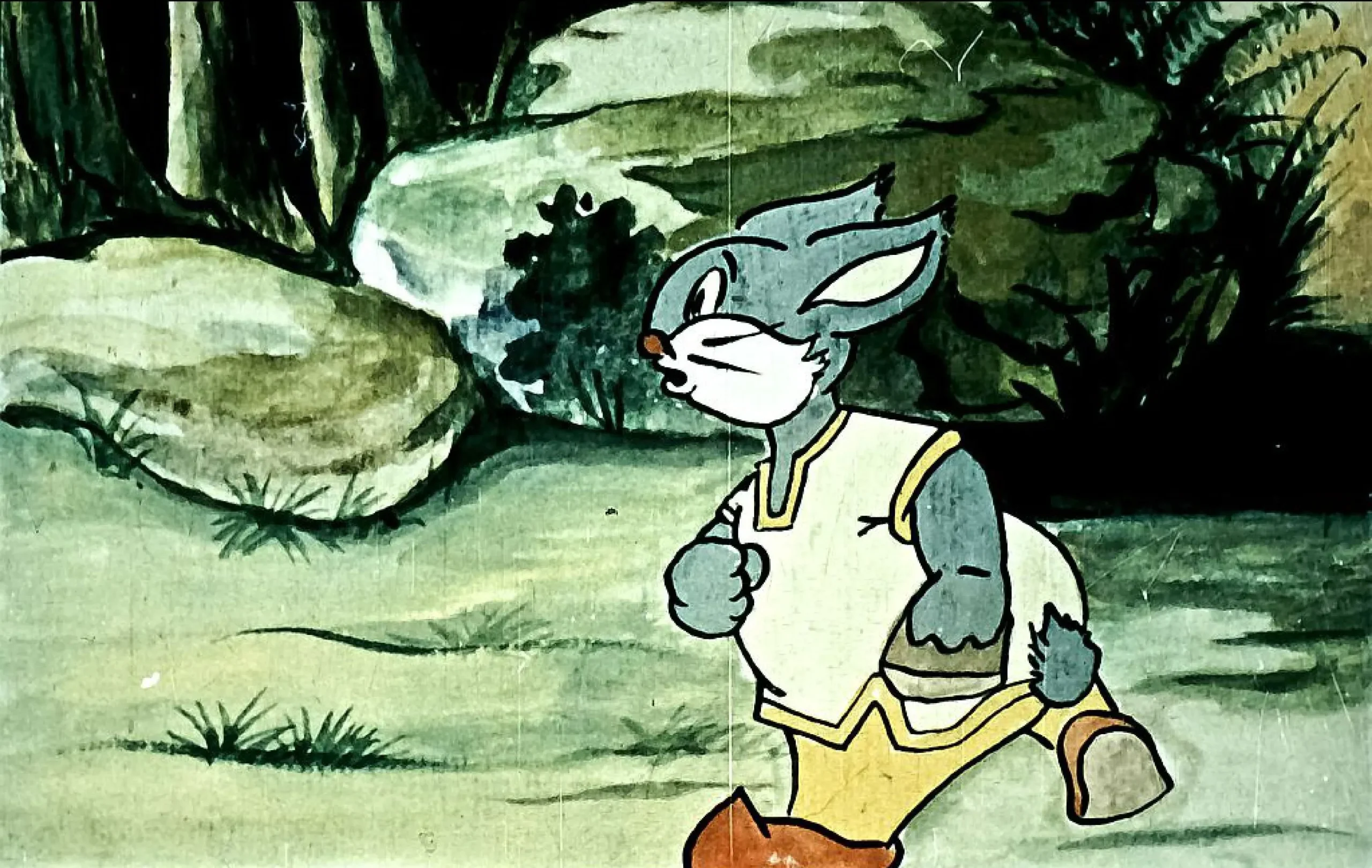 Un personaj animat alergând printr-o pădure, având un text descriptiv în partea de jos a imaginii.