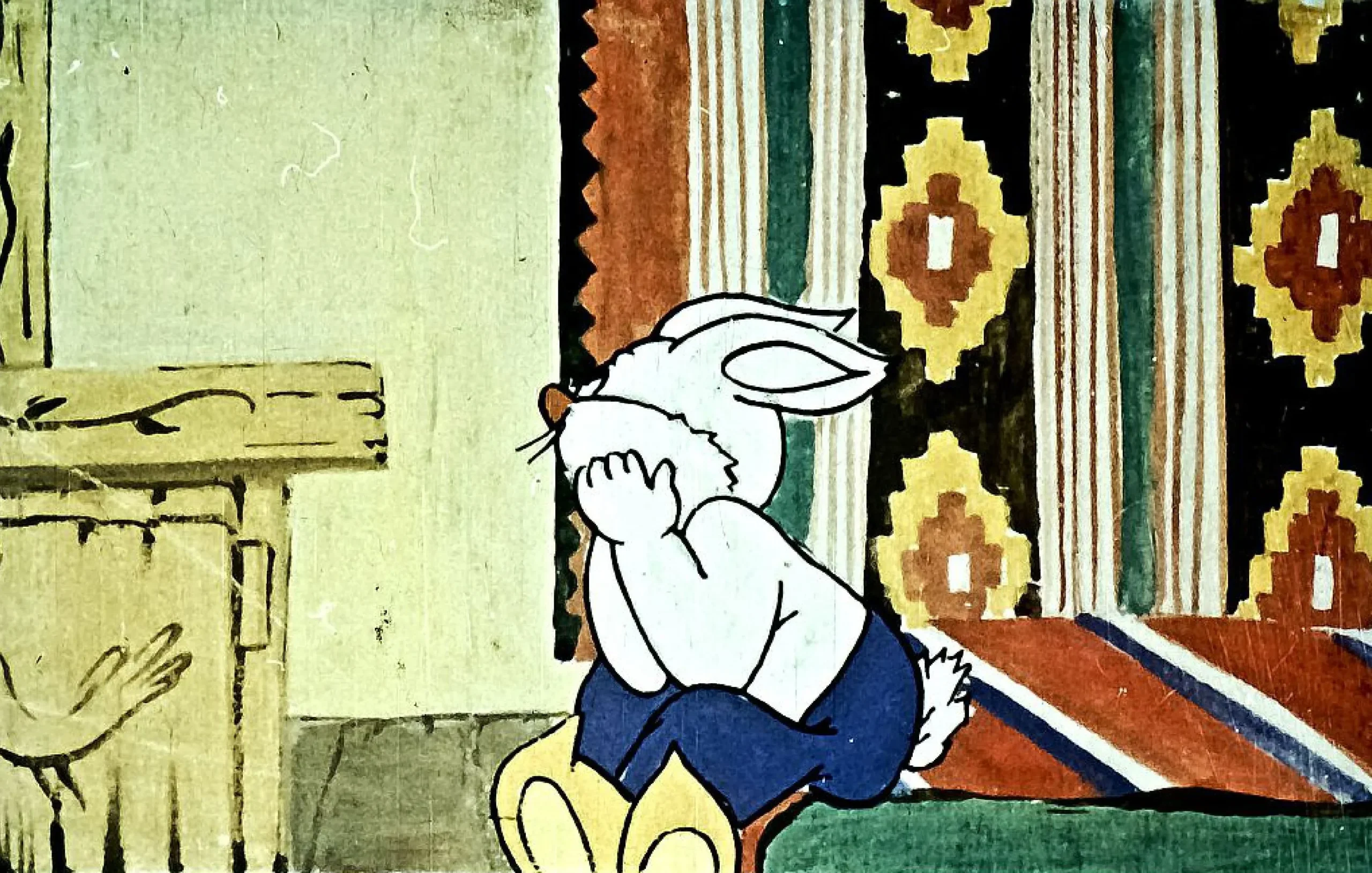 O scenă animată cu un iepure care stă pe podea, cu mâinile pe față, arătând supărare.