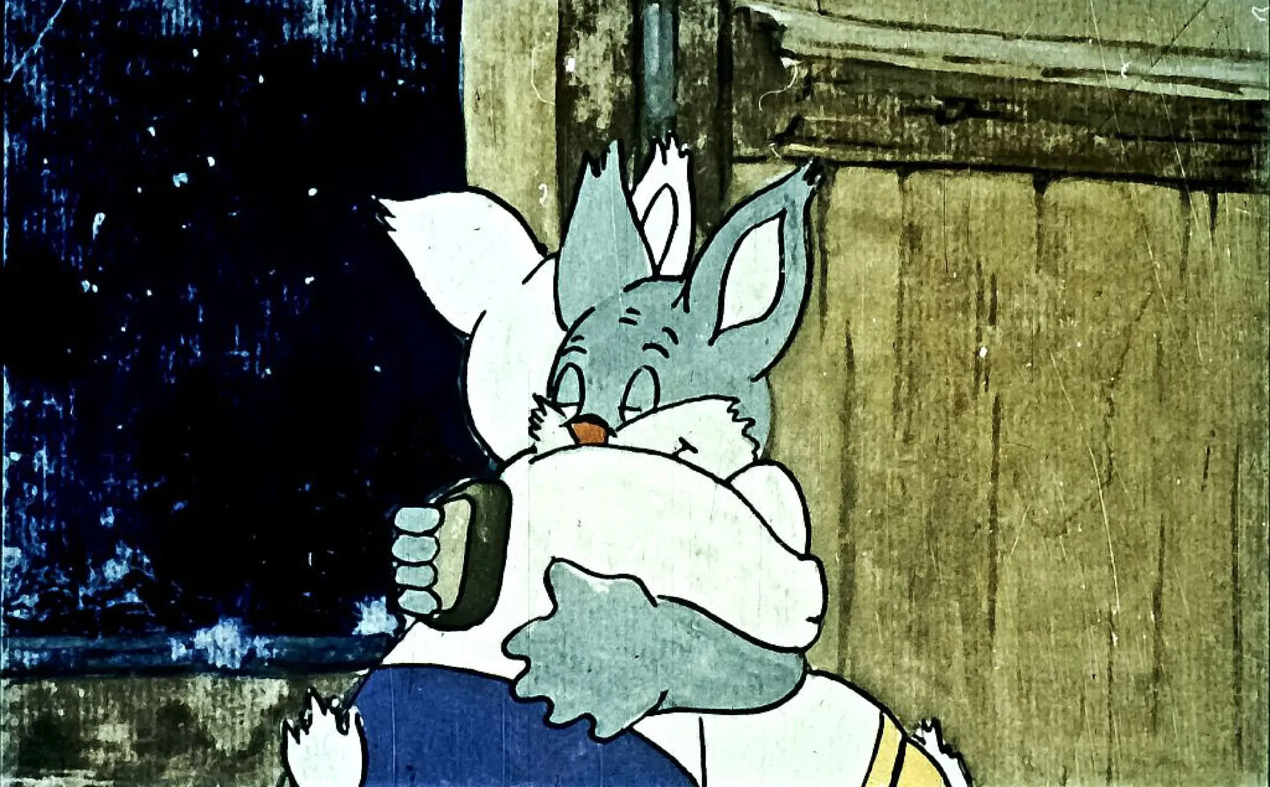 Două personaje animate, un iepure alb și unul gri, se îmbrățișează într-un peisaj colorat.