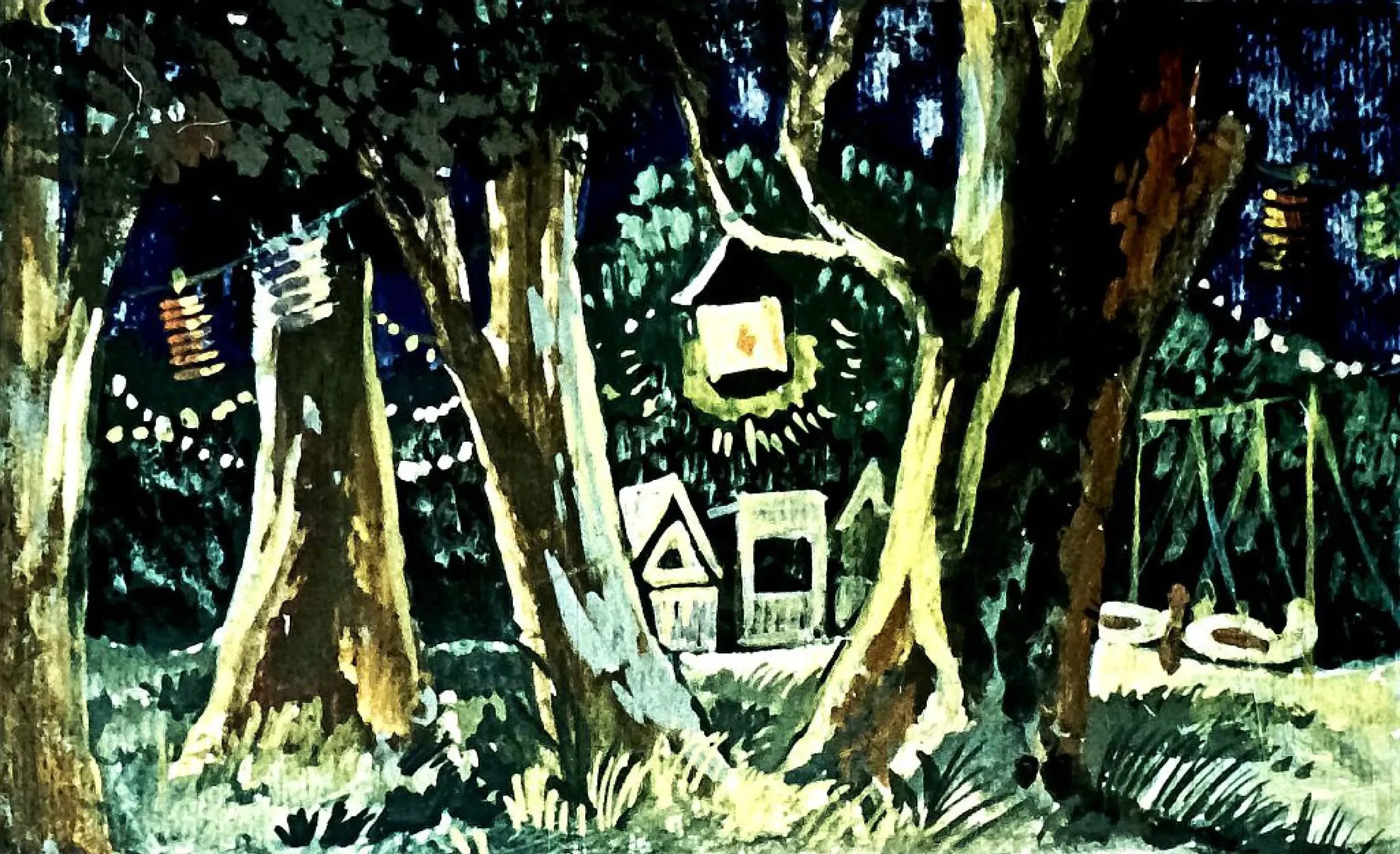 Ilustrație cu un peisaj nocturn, evidențiind o iepuroaică care se întoarce la bilci alături de doi iepurași.