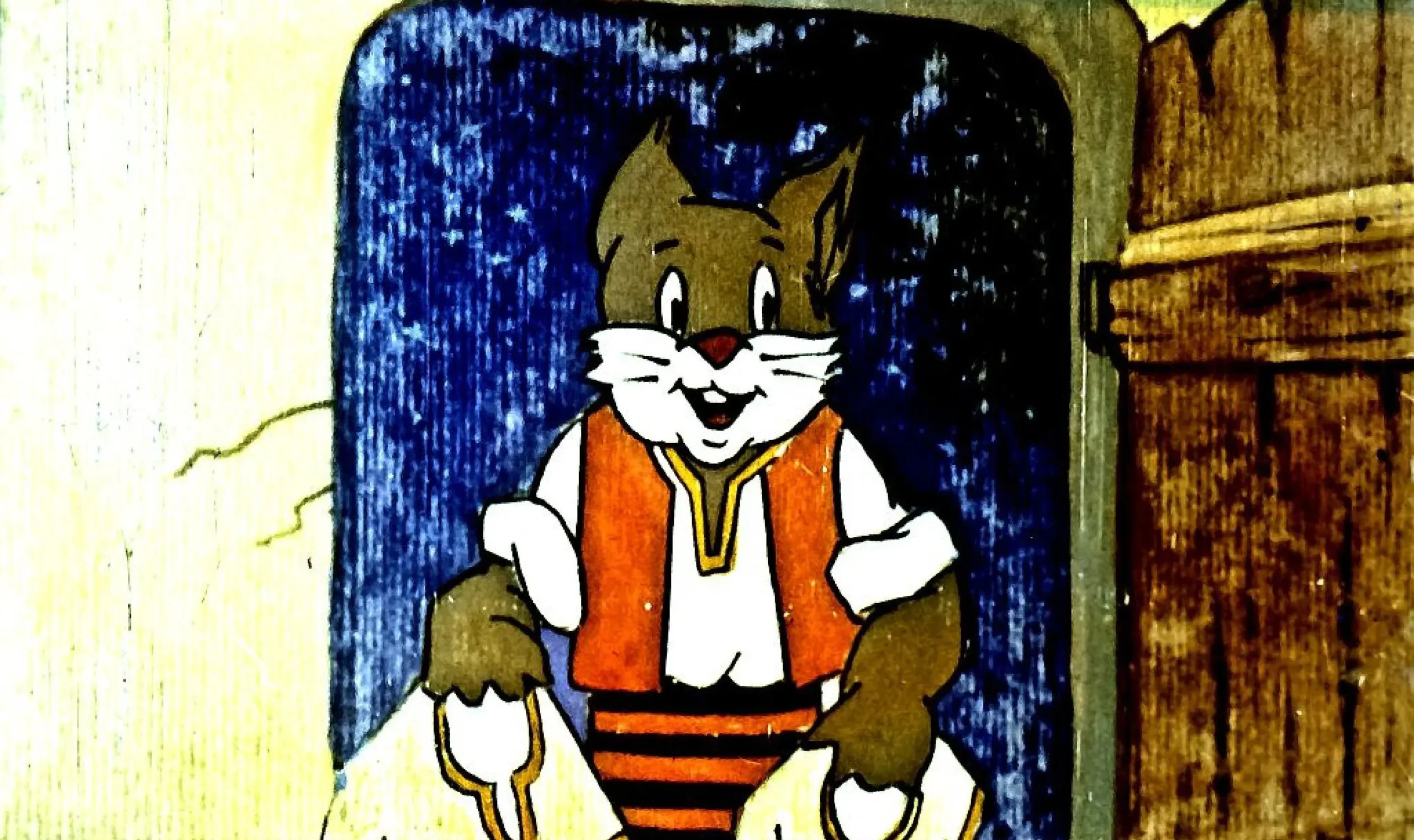 Ilustrație colorată cu un personaj animat zâmbitor care împarte haine unor iepurași.