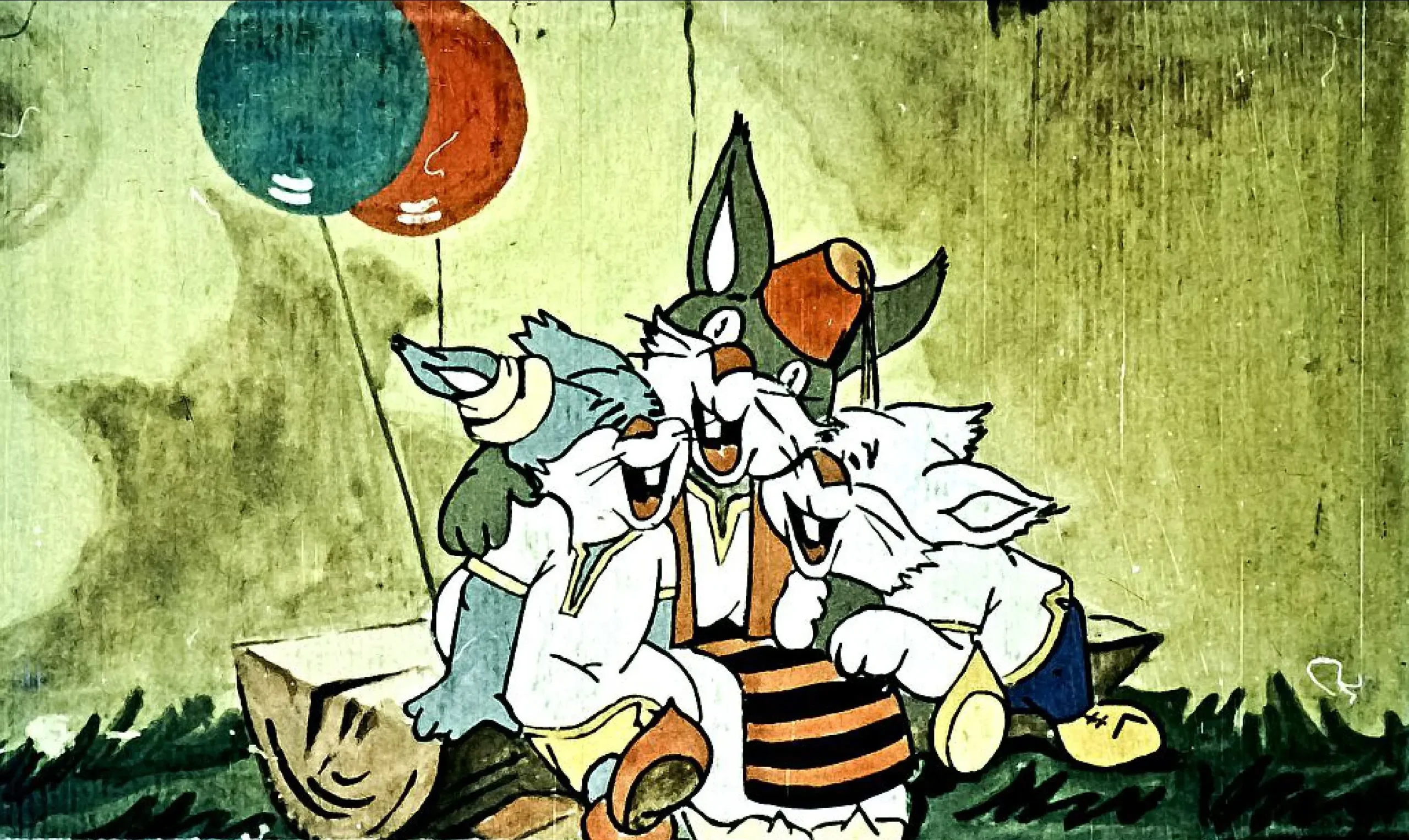 Patru personaje de desene animate zâmbesc și se îmbrățișează, iar un mesaj text este prezentat în partea de jos a imaginii.