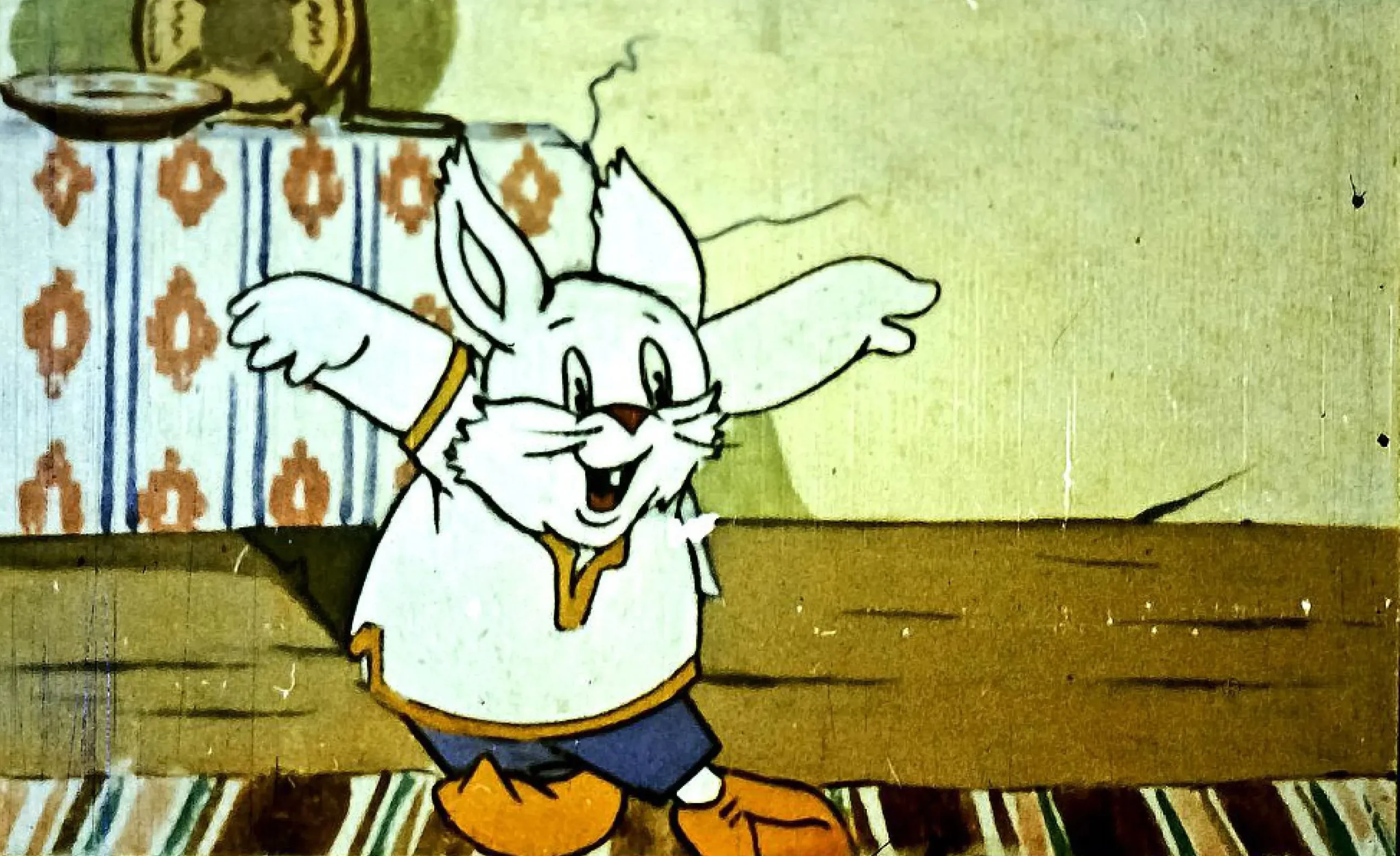 Un iepure vesel vorbește despre mersul la bilci și planurile de a mânca tartă dulce și de a zbura cu avionul.