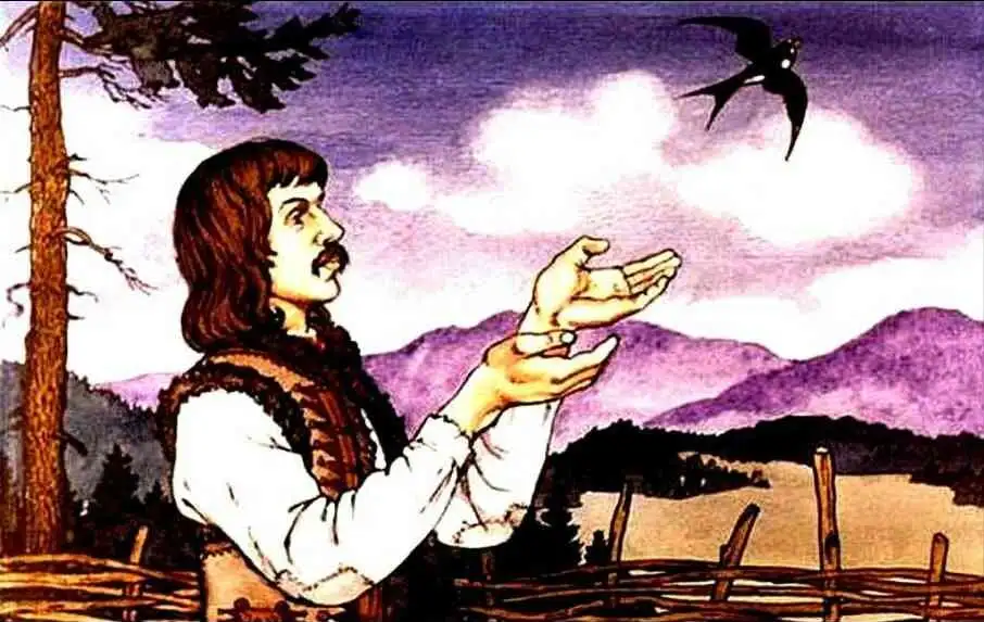 Ilustratie cu un om eliberand un pui care a invatat sa zboare, in contextul unei toamne tarzii.