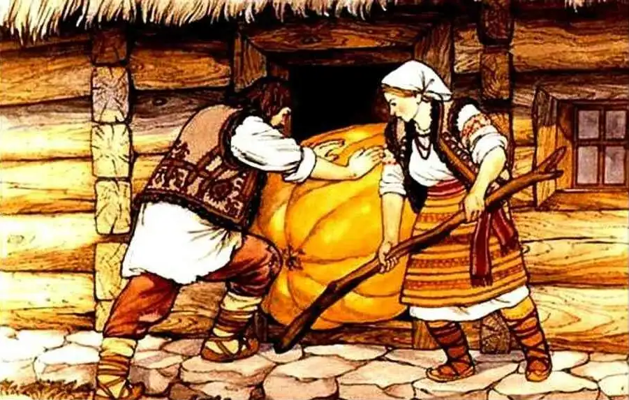 Ilustrație care arată o scenă traditională cu un cuplu care se pregătește să manevreze un dovleac mare, cu text explicativ despre dimensiunea dovlecilor.