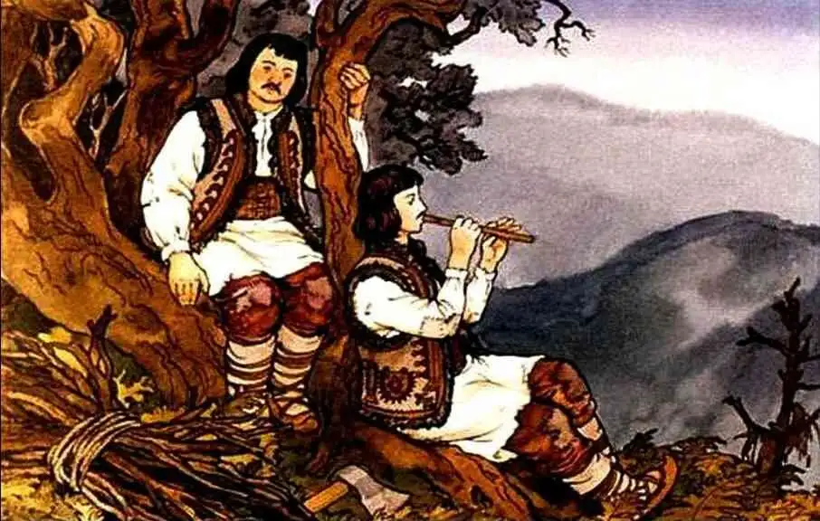 Ilustrație cu doi frați într-un peisaj natural, unul cântând la flaut și altul relaxându-se, împreună cu un text despre viața lor.
