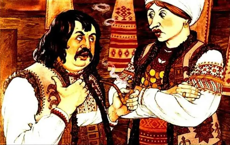 O ilustrare care reprezinta o discutie intre doi oameni imbracati in haine traditionale, exprimand o poveste de familie si schimbari de situatie.