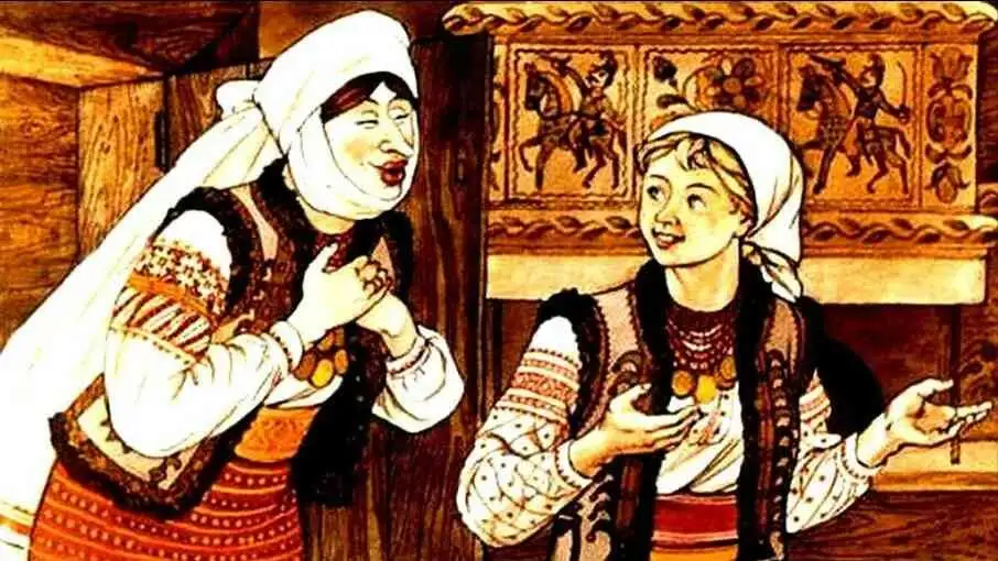 Imagine care ilustrează o conversație între două femei, reflectând tradiții și povești populare.