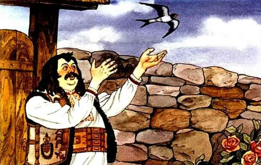 Ilustratie cu un barbat care saluta un pui de pasare care zboara in departare, intr-un peisaj pastoral.