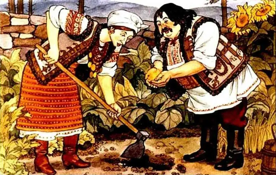 O ilustrare care arată două personaje săpând o groapă în grădină, în timp ce plantează semințe de dovleac.