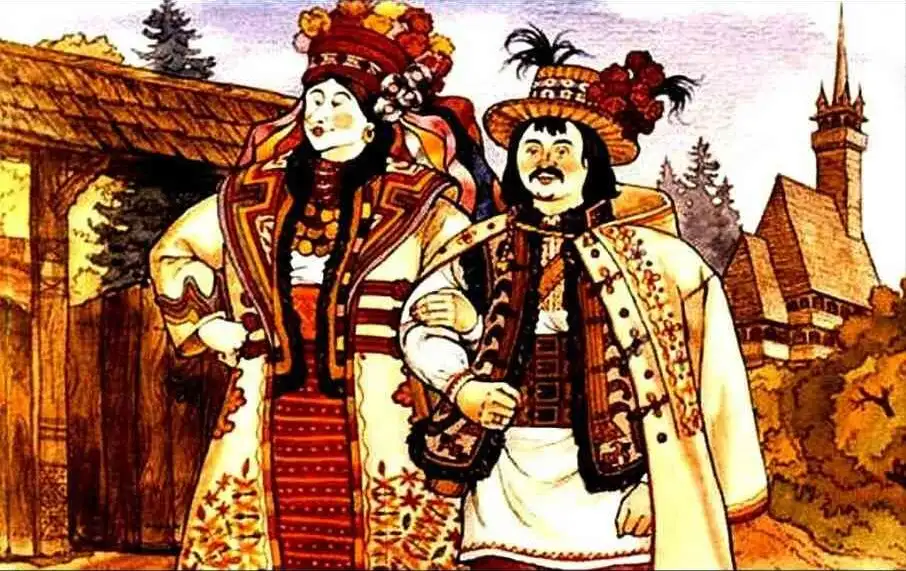 Ilustratie cu doi barbati imbracati in costume traditionale, stand in fata unei case vechi, inconjurati de natura.