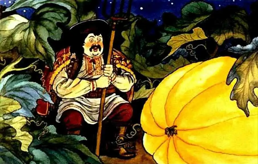 Imaginea ilustreaza un om care observa cresterea unui dovleac mare intr-o gradina, exprimand curiozitate si efortul de a-l aduce acasa.