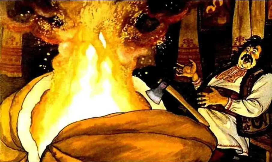 Text dintr-o poveste ilustrată despre un bărbat care folosește un topor pentru a deschide un dovleac, iar din interiorul acestuia iese un foc puternic.