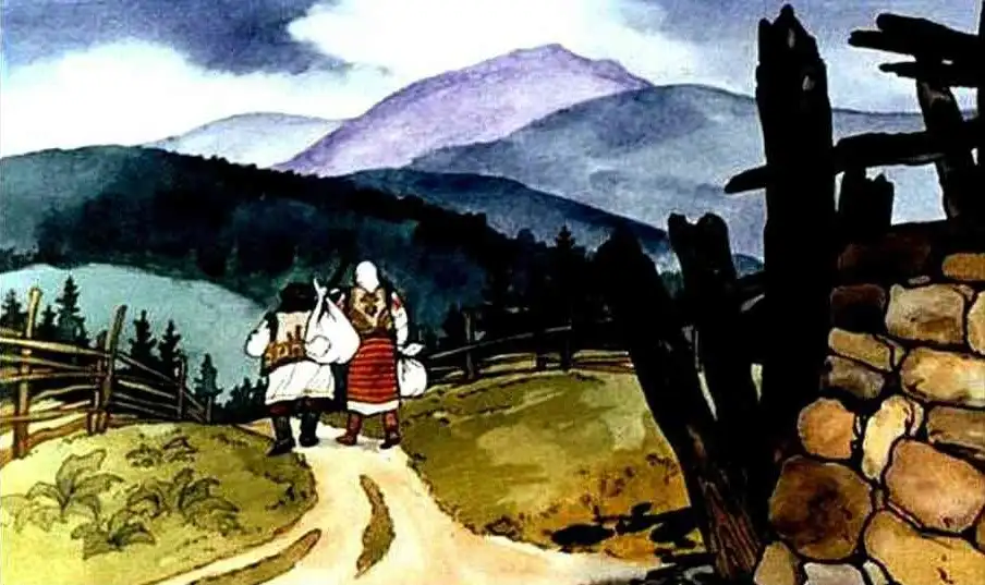 Ilustrație cu două personaje mergând pe un drum rural, înconjurați de peisaje montane, cu un text descriptiv la bază.