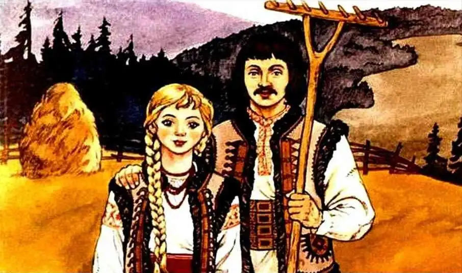 Ilustrație cu un bărbat și o femeie în costume tradiționale, zâmbind în fața unei peisaje rurale.