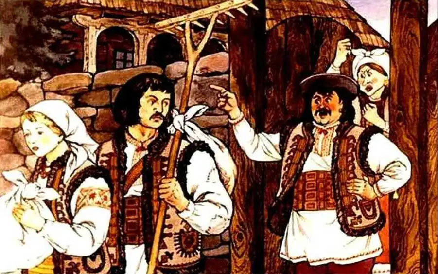 Ilustrație artistică care prezintă o scenă rurală în care un frate și soția lui discută despre un alt frate mai tânăr care pleacă dintr-o casă bătrânească.