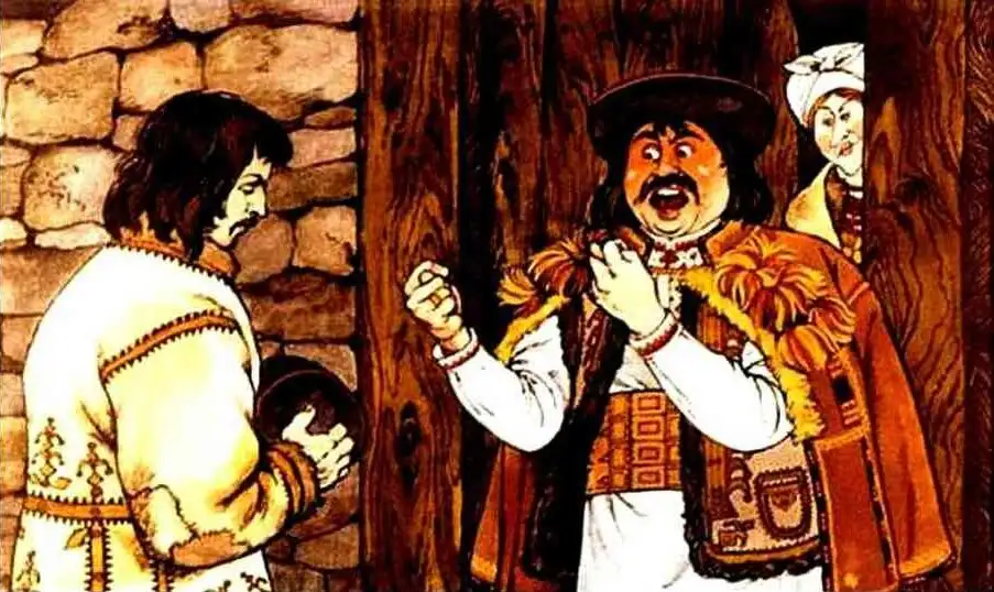 Ilustratie care arata o scena dintr-o poveste, cu un personaj rugandu-se pentru ajutor financiar.