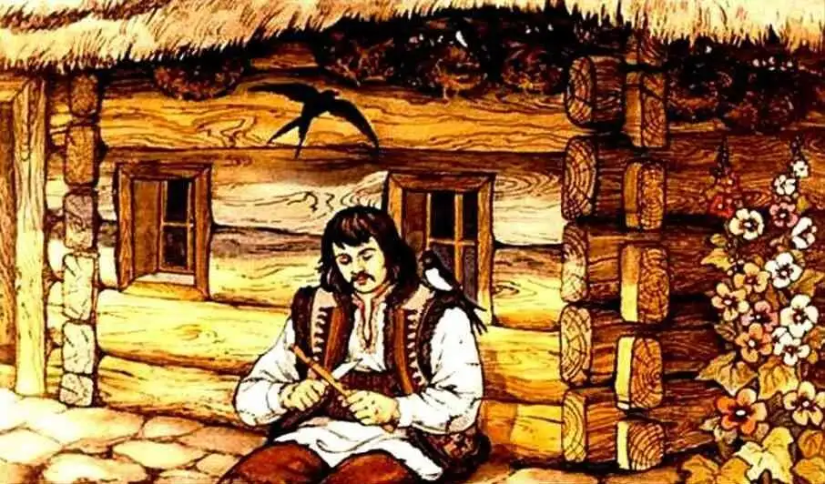 Ilustratie cu un barbat mestesugar care ciopleste un flaut pe prispa unei case din lemn, inconjurat de flori si cu o randunica deasupra.