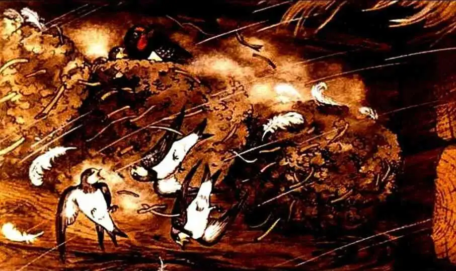 Ilustrație care prezintă o scenă dramatică cu păsări și un vânt puternic, însoțită de un text descriptiv despre efectele unei furtuni asupra puiilor de rândunică.