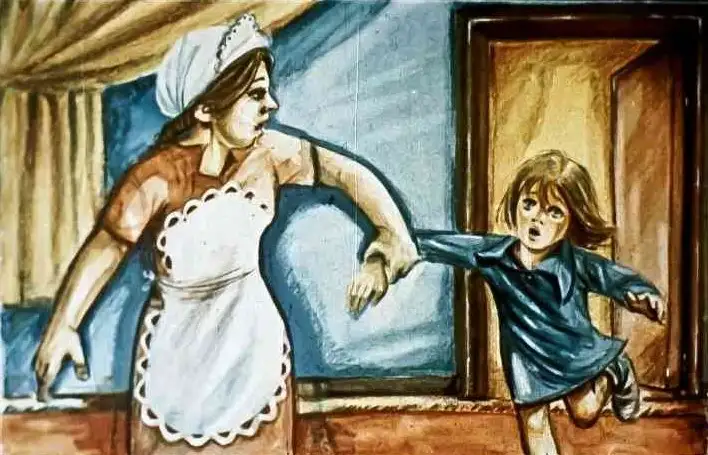 Ilustrație cu o femeie și un copil, reacționând într-o situație tensionată, cu text dramatic pe un fundal întunecat.