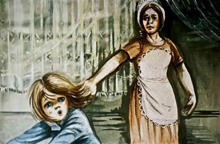 Ilustrație care prezintă o femeie care trage de un copil, cu un mesaj de avertizare și critici vizibile.