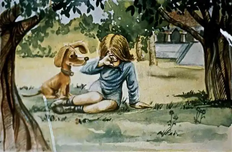 Ilustrație cu un copil trist care stă pe pământ lângă un câine, plângând sub copaci.