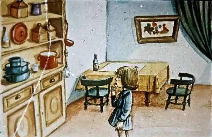 Ilustrație a unei povești cu o fetiță într-o cameră, cu un mesaj despre bunicuța care vorbește despre copii rătăciți.