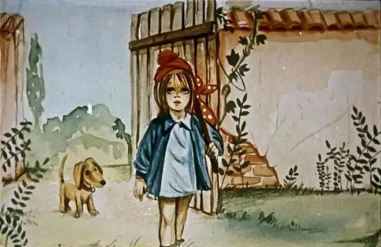 Ilustrație cu o fetiță cu pălărie roșie și un cățel, în fața unei porți de lemn, având un text descriptiv pe fundal.