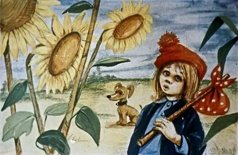 Ilustrație cu un copil care întreabă despre drumul către bunici, într-un peisaj cu floarea-soarelui.