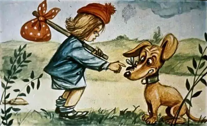 Ilustrație cu un copil arătând spre un câine, însoțită de un dialog despre furnici și ajutorul pe care acestea îl oferă.