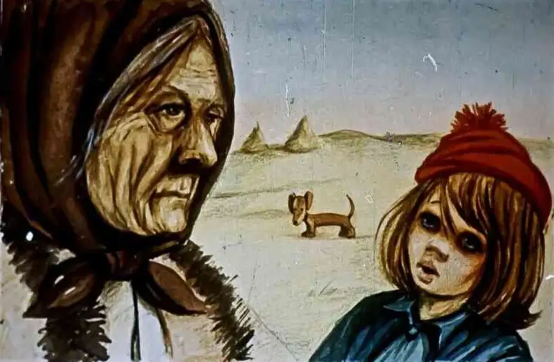 Imagine reprezentând un dialog între două personaje, una bătrână și alta copil, în peisaj desertic.